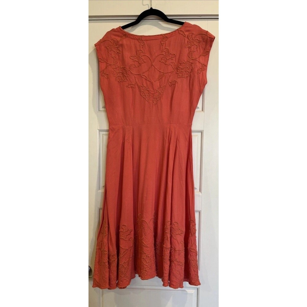 Isaac Micah LIVE! Midi A-line Dress, Size 8, Linen, Embroidery, Peach Pink - Picture 9 of 14